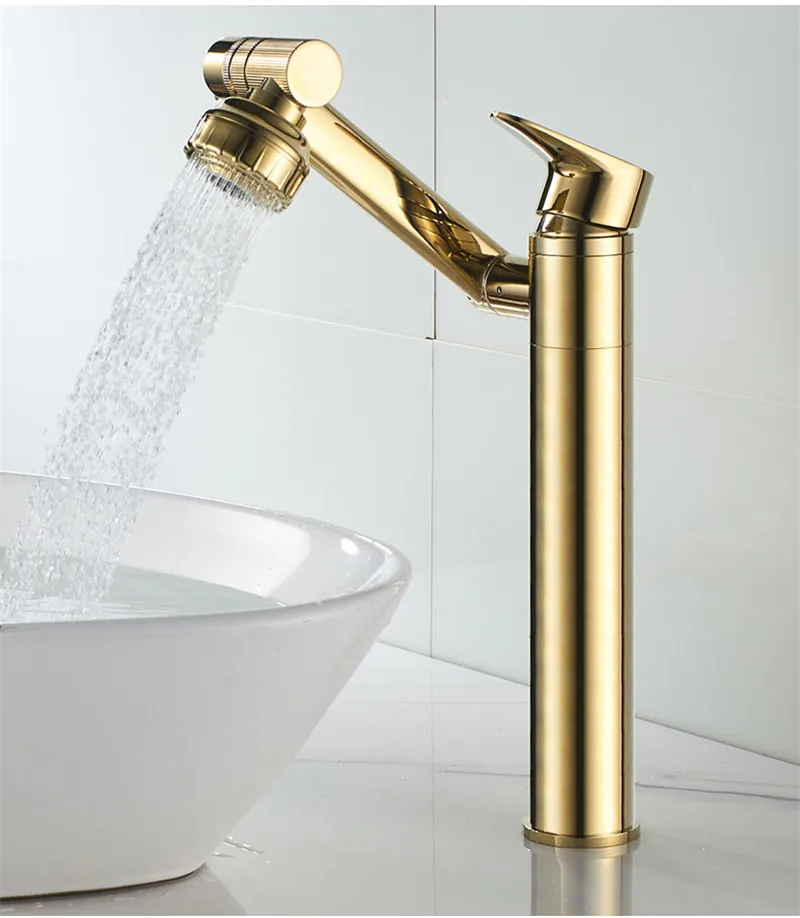 

Bathroom Basin Faucet Solid Brass Sink Mixer Vessel Crane Tap Hot & Cold Deck Mounted Single Handle Ratating Unique Design Gold