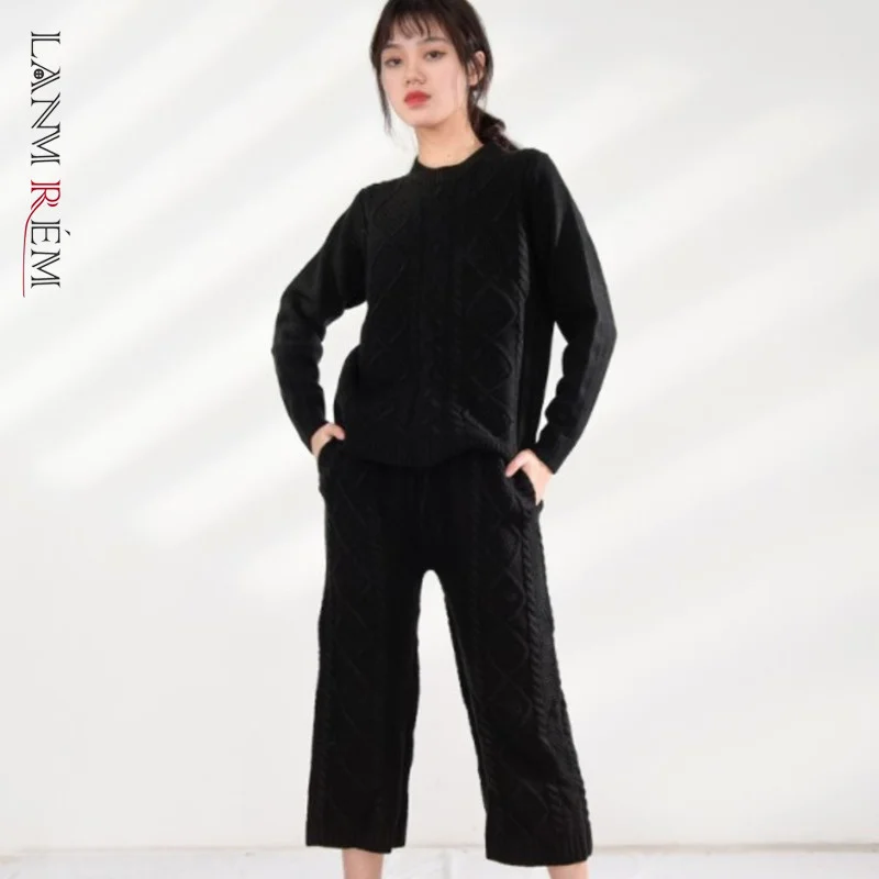 

LANMREM 2024 Fashion New Black Color Round Collar Sweater With Loose Knitted Wide Leg Pants Two Pieces Set For Women AS1167