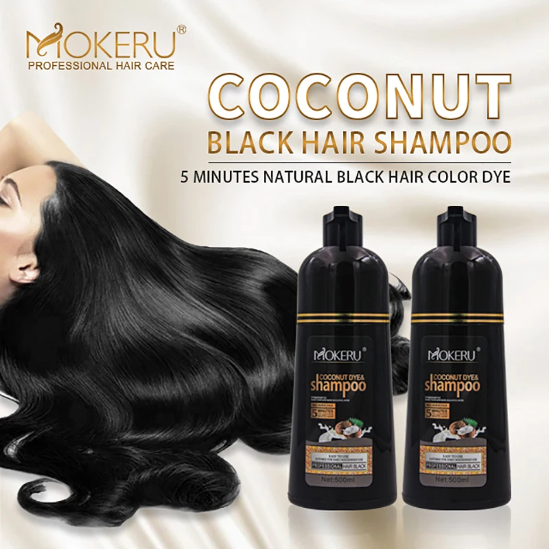 Mokeru 500ml Natural Organic Coconut Black Brown Hair Dye Shampoo 100% Cover Gray Hair Permanent Hair Color Dye Shampoo Women