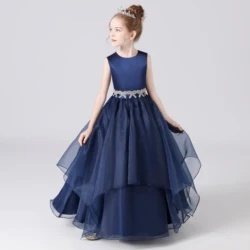 Dideyttawl Maßgeschneiderte marineblaue Schärpen, Schleife, abgestufte Blumenmädchenkleider, Organza, Prinzessin, formelle Kleider, Kindergeburtstagsparty-Kleid