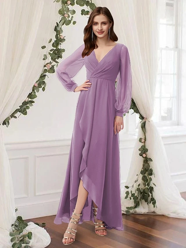 Vestidos De Noche asimétricos lilas simples, cuello en V, manga larga hasta el tobillo, vestido De Fiesta De graduación, 2024