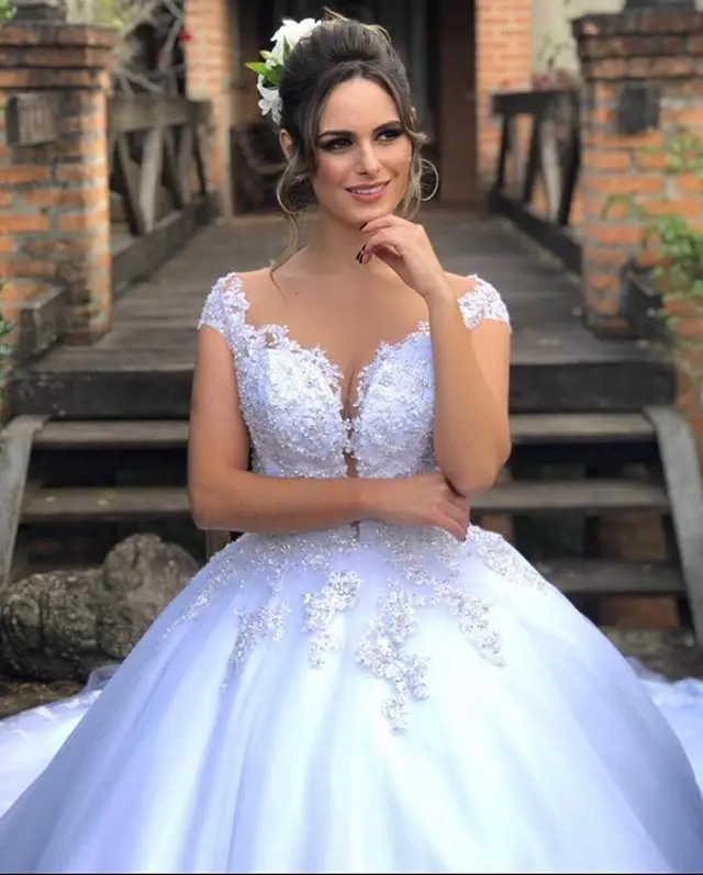 JIERUIZE vestidos de novia de perlas de lujo, Apliques de encaje trasero con botones, vestidos de novia con cuentas