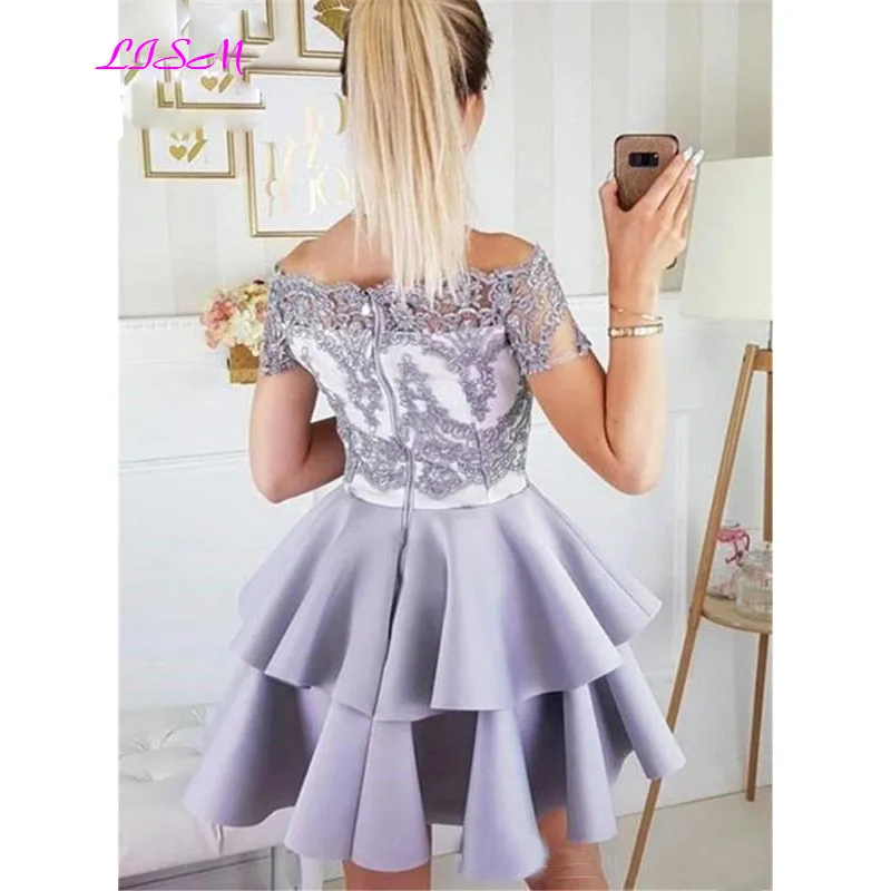 Lila Kurze Spitze Homecoming Kleider Plus Größe Mini Formale Graduation Kleid Weg Von der Schulter Cocktail Prom Kleider