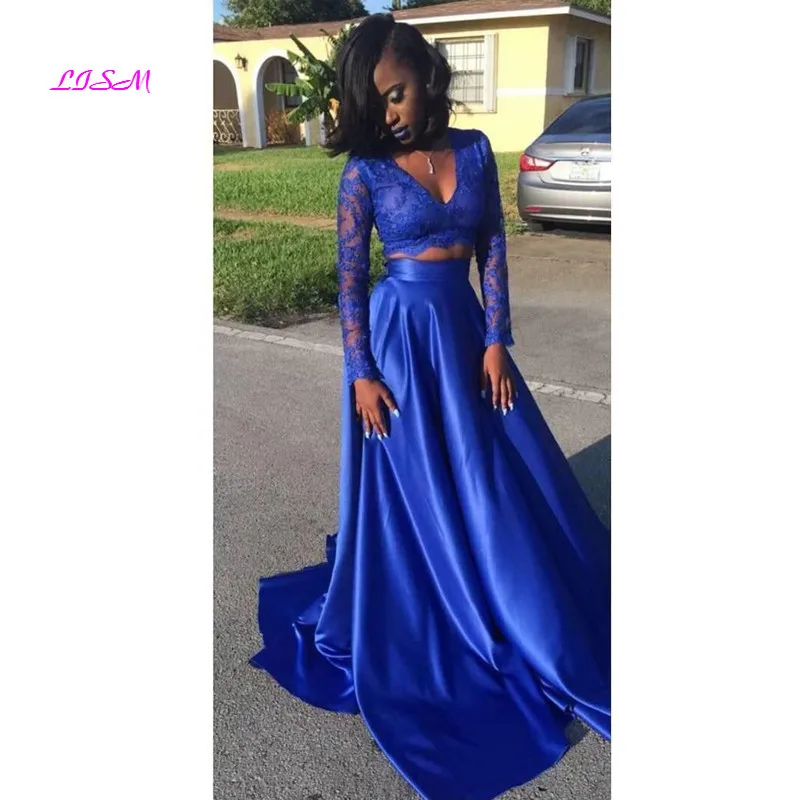 Royal Blue Black Girls Prom Dresses Two Piece Evening Formal Dress Sexy V-Neck Lace Long Sleeve High School Party Prom Gown 2020