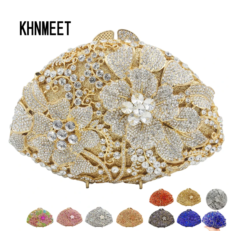 

KHNMEET Luxury Party Purse Gold Silver Rose Crystal Evening Bags banquet boutique pochette Women Wedding Prom Day Clutches SC647