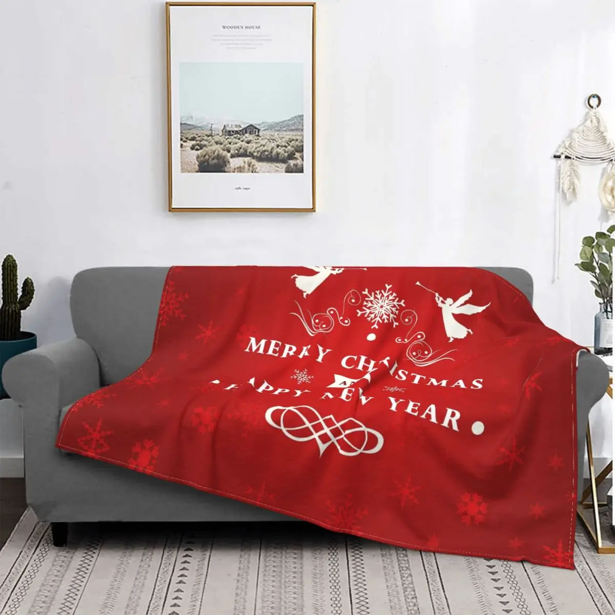 Red Merry Christmas Happy New Year Blankets Snowflake Angel Flannel Awesome Warm Throw Blanket for Bed Sofa All Season