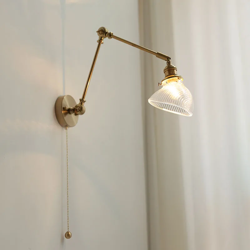 IWHD Modern Copper Glass LED Wall Light Fixtures Pull Chain Switch Bedroom Stair Reading Beside Lamp Swing Long Arm Wall Sconce image 3