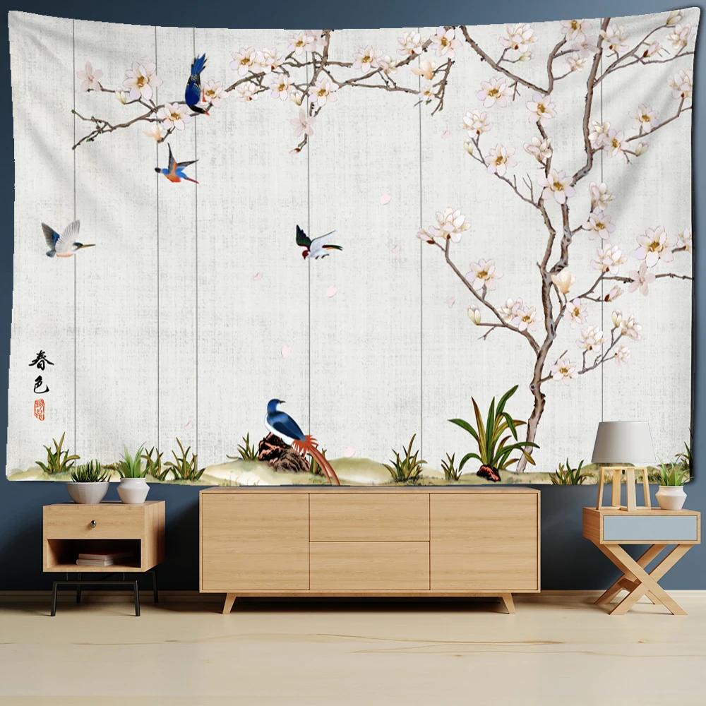 Flower And Bird Chinese Painting Tapestry Wall Hanging Bohemian Style Tapiz Mandala Witchcraft Home Decor