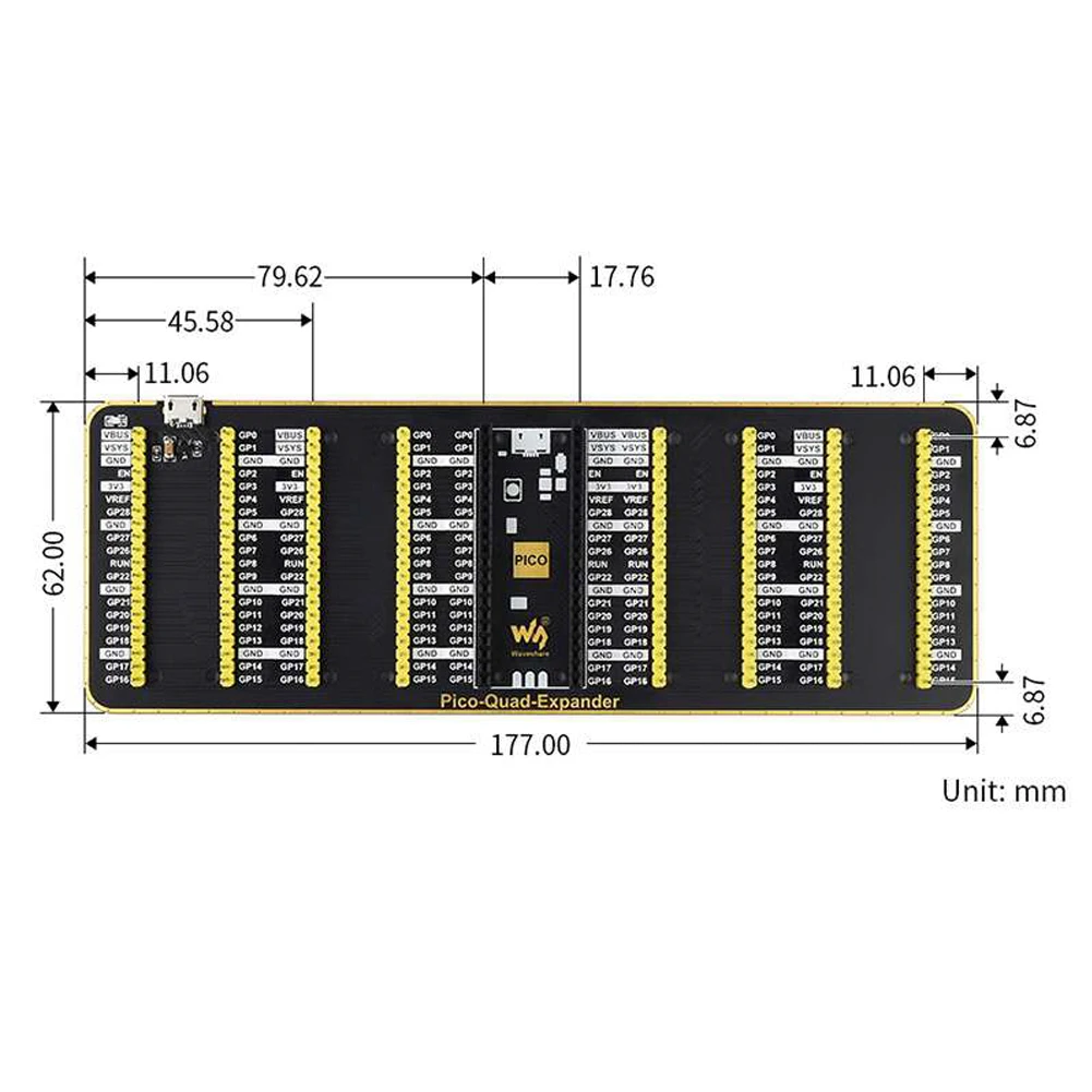 Waveshare Quad GPIO Expander Four Sets of Male Headers USB Power Connector for Raspberry Pi Pico