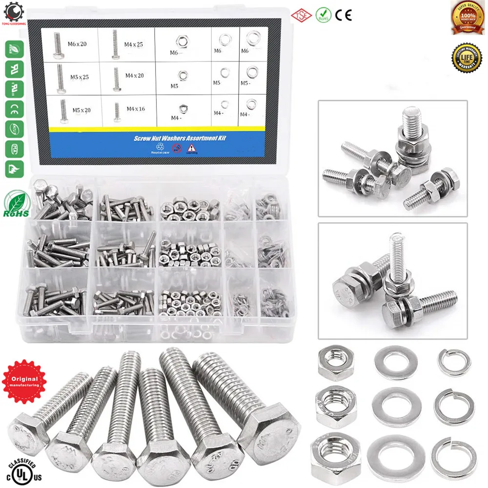 

Flat Hex Stainless Steel Screws Bolts Nuts Lock and Flat Gasket Washers Assortment Kit,Fasteners Bolts