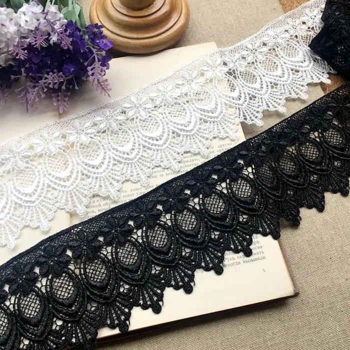 Luxury White Black Palace Flowers Water Soluble 3D Lace Fabric Embroidery Ribbon Edge Trim For Garment Dress Curtains DIY Sewing