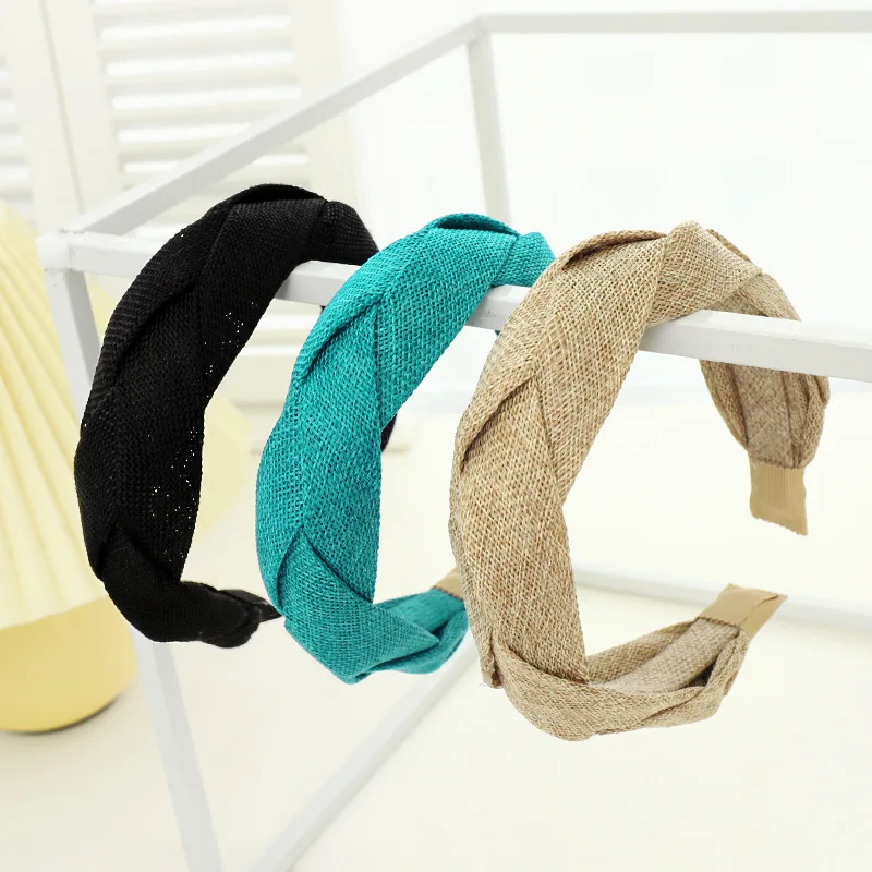 Sommer Neues Stirnband, Elegantes Breitkrempiges Damen-Haarband, Einfaches Einfarbiges Stoff-Kreuzgeflecht-Haarband – Detail 1