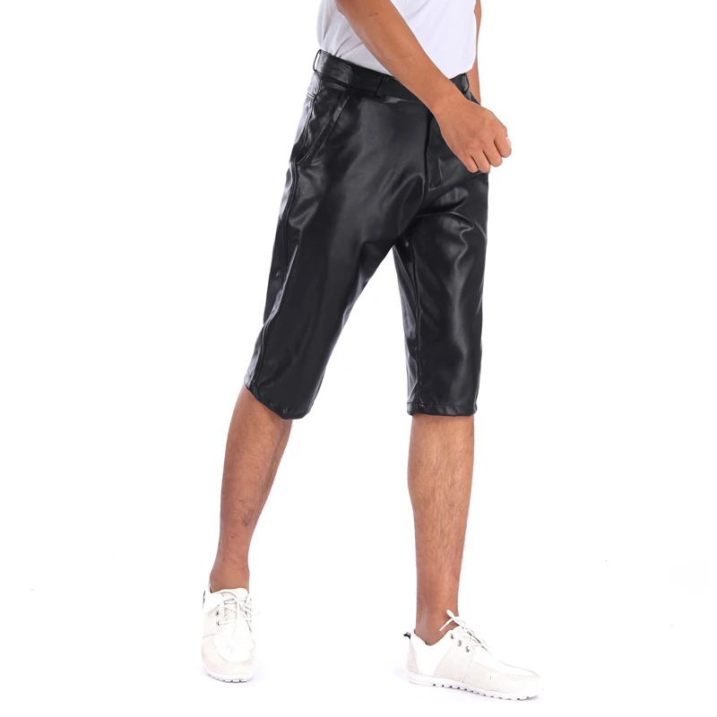 Thoshine Brand Summer Men Leather Shorts Elastic Short Pants Male Fashion PU Leather Shorts