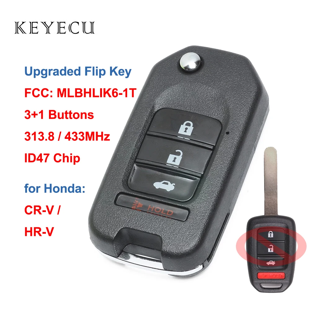 

Upgraded Flip Remote Car Key Fob 3 Buttons 313.8Mhz 433MHz ID47 Chip for Honda Fit Civic XRV HRV CRV FCC: MLBHLIK6-1T