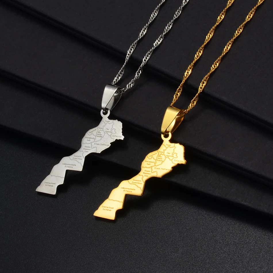 Anniyo Maroc Map & Cities Name Pendant Necklace Gold Color Jewelry for Women Men Morocco Map @236721