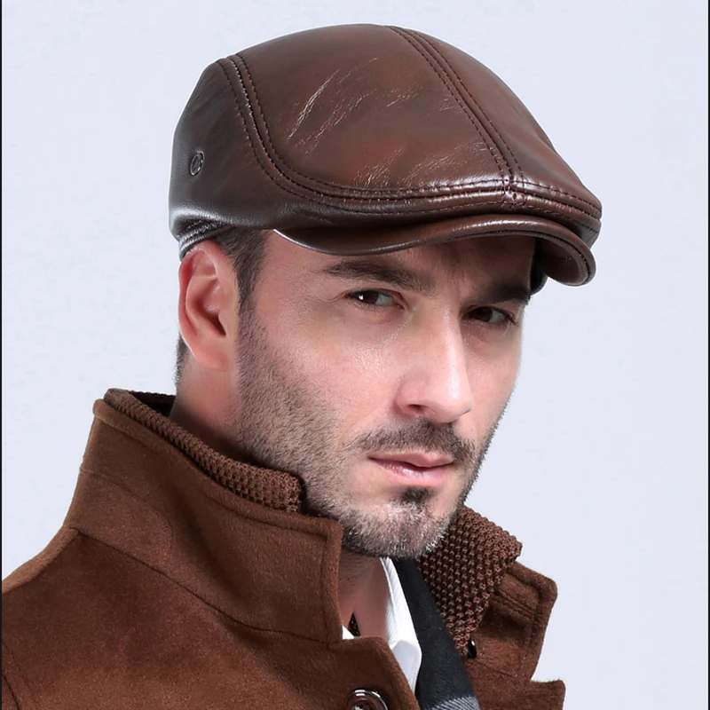 Fashion British Beret Men Genuine Leather Flat Cap Brown Male Earflaps Vintage Ivy Hats Autumn Luxury Directors Caps Gatsby