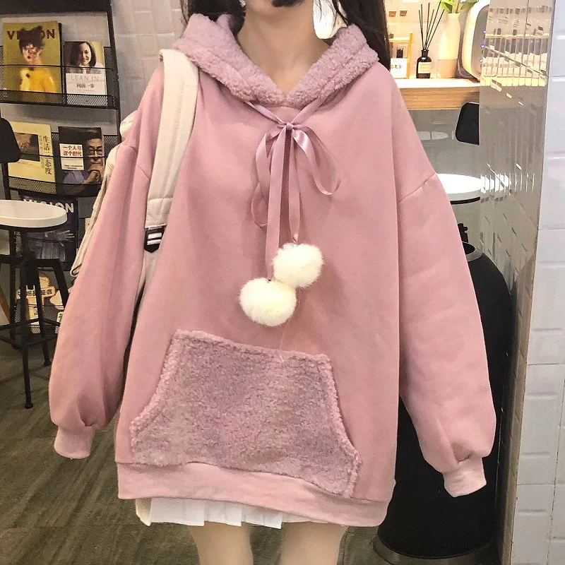 Japan Kawaii Hoodies Girls White Fluffy Bunny Ears Fleece Hooded Sweatshirt Women Winter Lolita Cute Plush Oversized Pullover