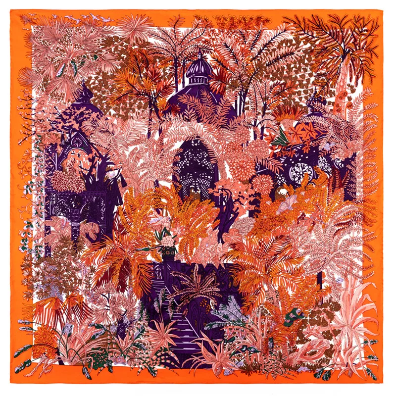 POBING Manual Hand Rolled Twill Silk Scarf Women Jungle Palace Square Scarves Echarpes Foulards Femme Wrap Bandana Hijab 90CM