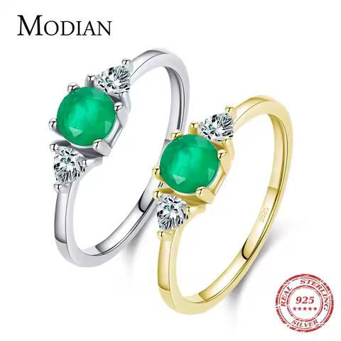 MODIAN Elegant Simple Round Emerald Ring Authentic 925 Sterling Silver Classic Charm Finger Rings For Women Statement Jewelry
