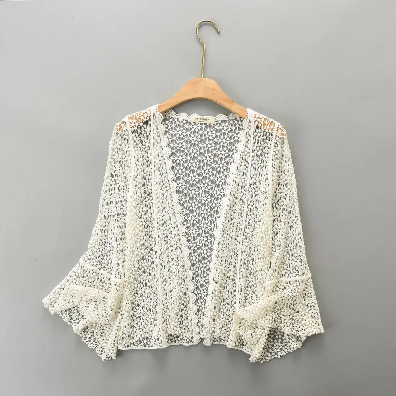 

Trumpet sleeves sweet cardigan women loose thin knitted top lace crochet hollow out summer beach shirt for dress holiday 2021