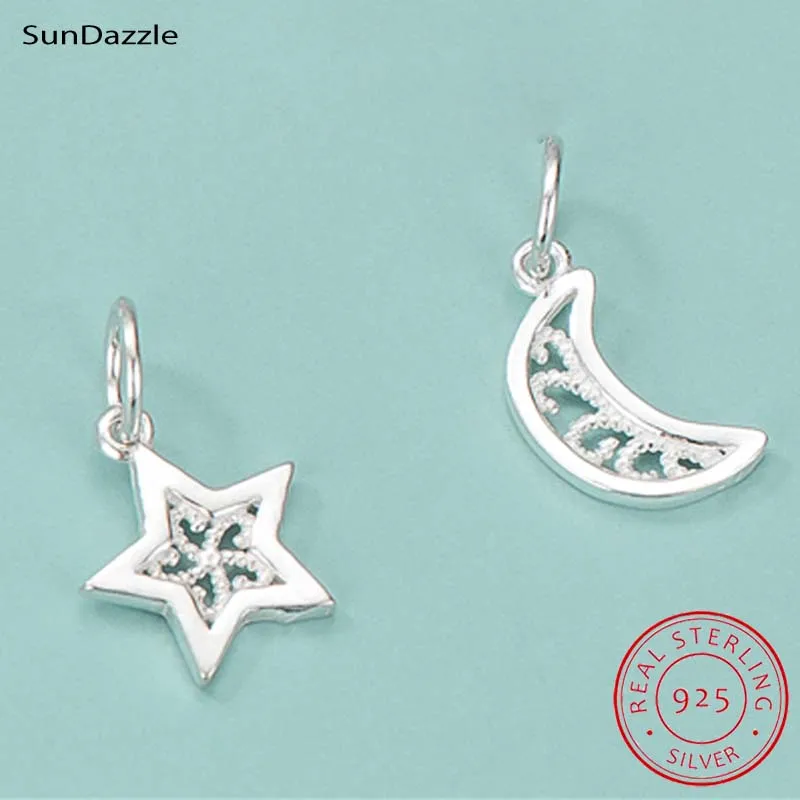 2pcs Genuine Real Pure Solid 925 Sterling Silver Pendant Pentagram Star Moon Suspension DIY Jewelry Making Findings Charms