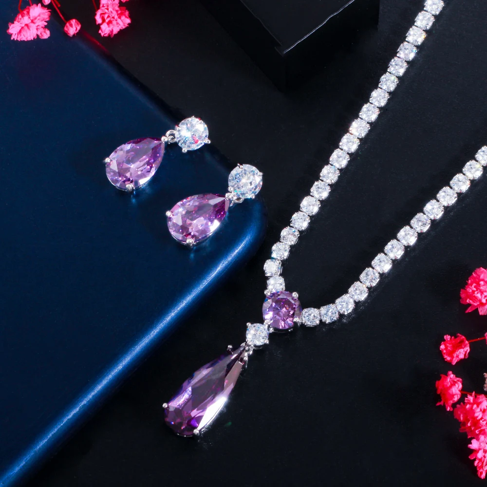 CWWZircons Top Rot-Lila Kubisches Zirkonia Wassertropfen-Design Modisches Schmuckset für Damen zur Verlobung, Party, Hochzeit, als Brautjungferngeschenk T0751 – Detail 5