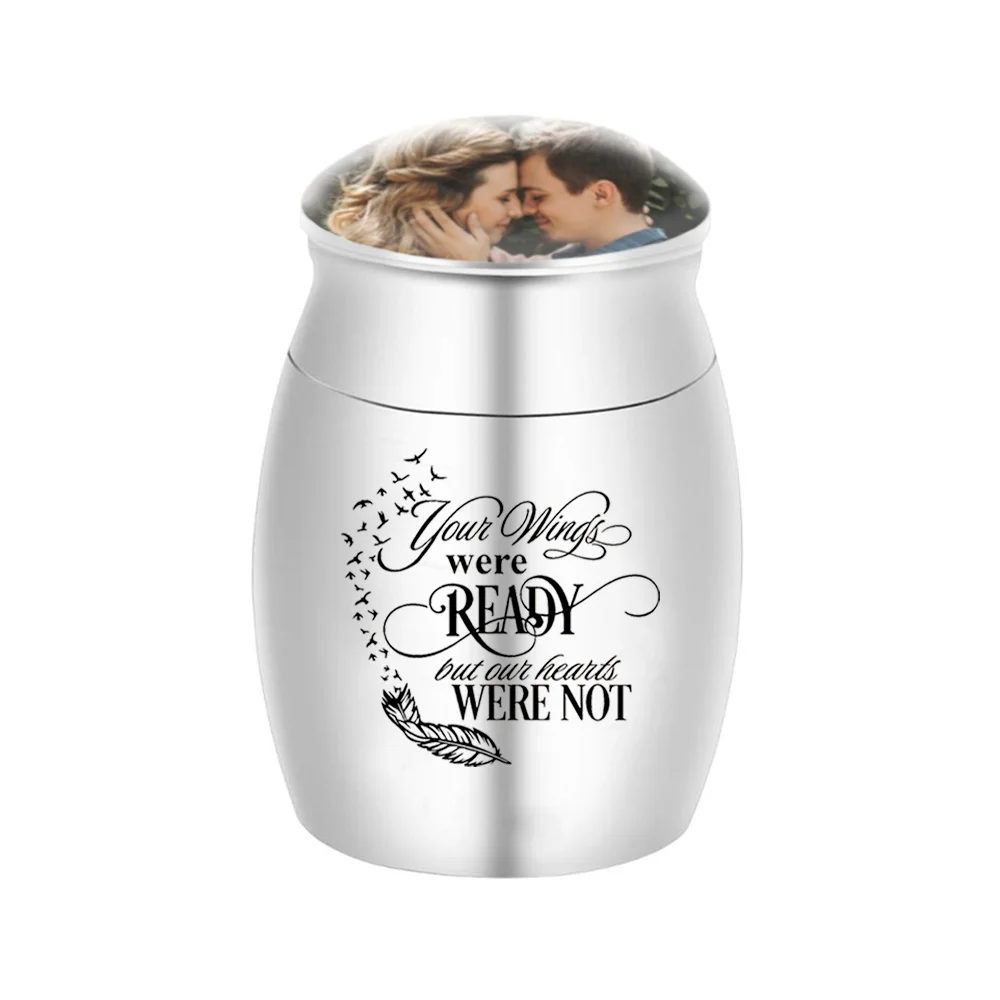 Mini cremation urn  keepsake Stainless steel feather ashes jar can put photos-Your wings are ready but my heart is not