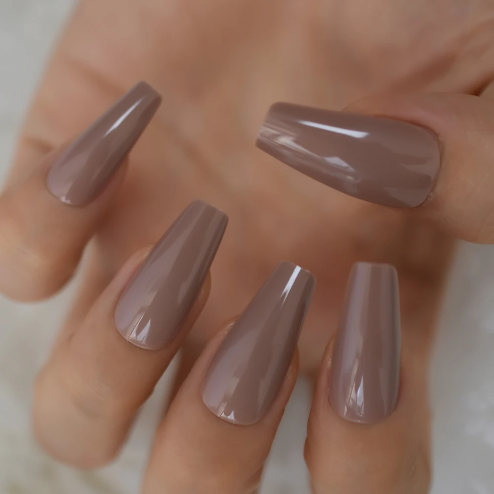 Medium Shiny False Nail Light Brown Tapered Press On False Nails Uv Acrylic Plastic Curve Tip