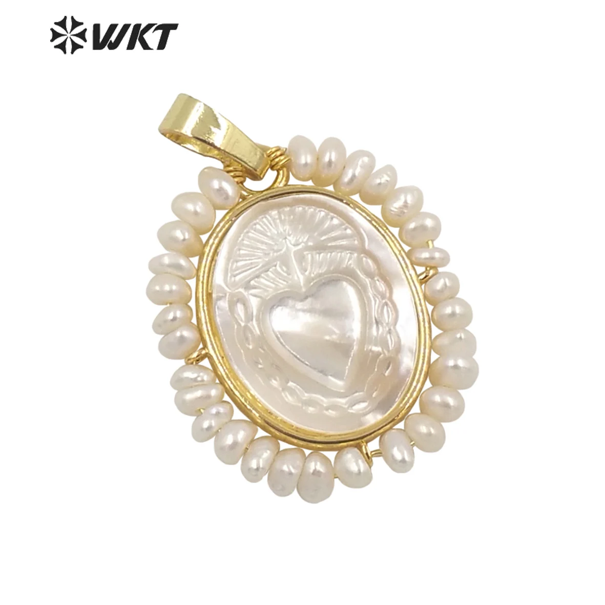 

WT-JP254 Wholesale Fashion Gold Bezel White Natural Shell Religion Saint Mary Heart Pendant Lady Handmade Pearl Crafts