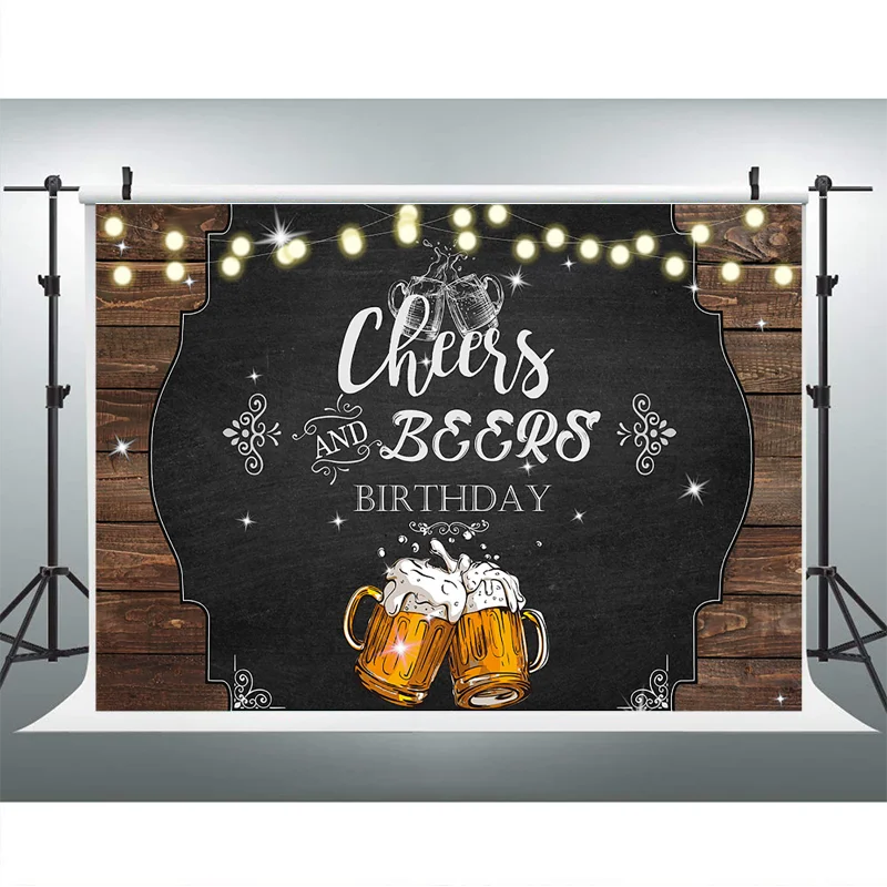 Toile de fond de photographie Cheers and Beers, décorations de fête joyeux anniversaire, bannière rustique, fond en bois scintillant, accessoires photo