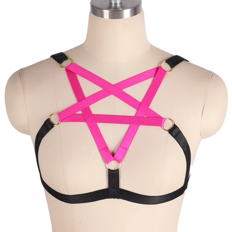 

Sexy Crop Top Strappy Pentagram Harness Bra For Women Body Cage Bralette Punk Goth Bondage Plus Size Festival Rave Garter Fetish