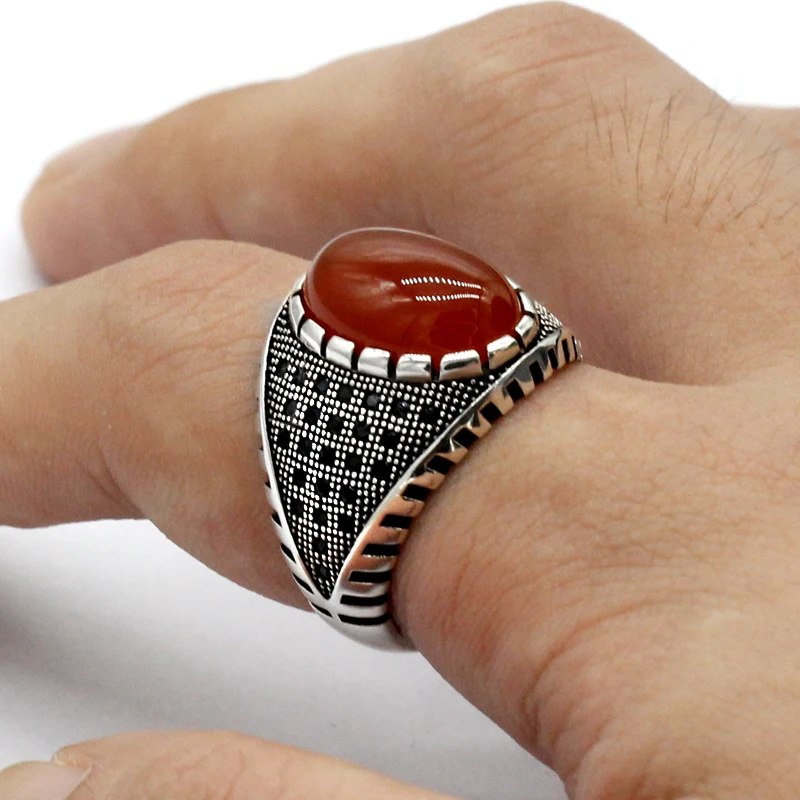 Fashion Creative Red Agate Stone Rings For Men Women Personality Male Punk CZ Stone Ring Jewelry Men's Night Club Accessories