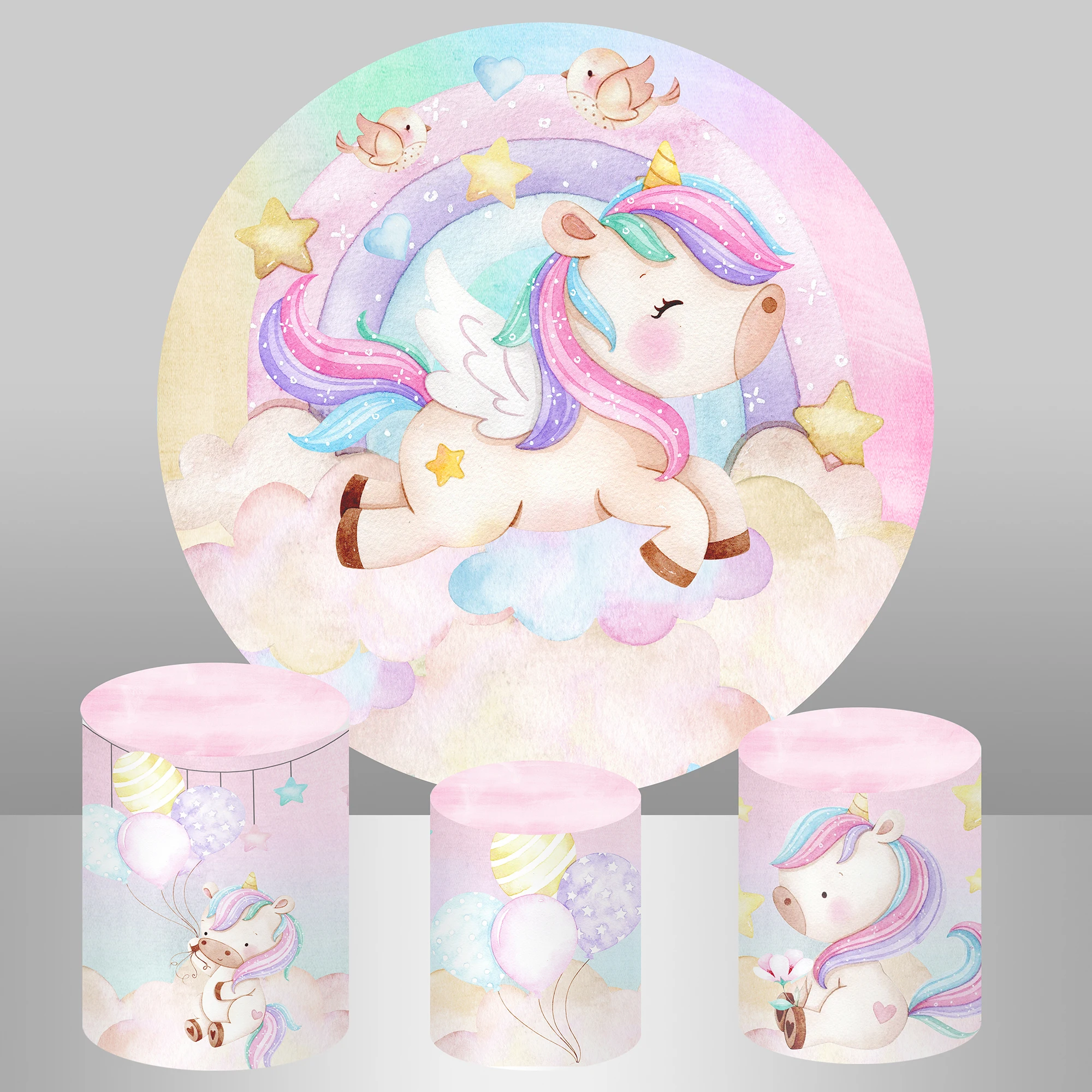 

Baby Shower Rainbow Unicorn Party Round Backdrops For Photography Girls Birthday Circle Backgrounds Photo Studio Cylinder Covers