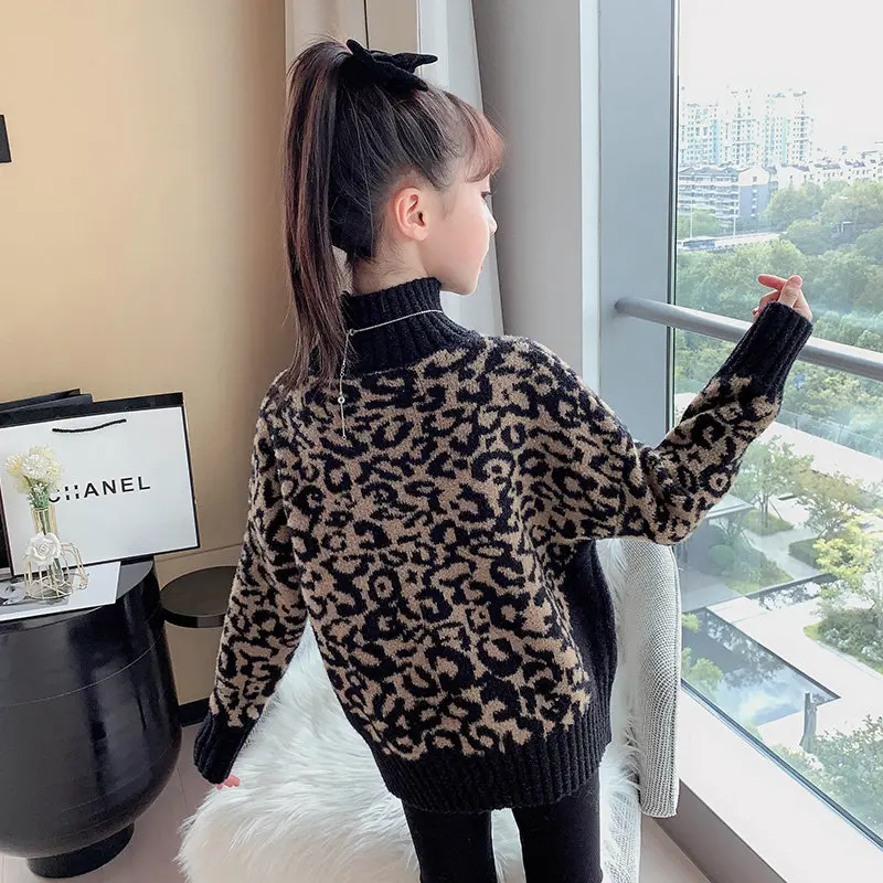 Baby Girls Leopard Print Turtleneck Sweater New Autumn Winter Korean Style Loose Kintwear Clothes Top for Kids 6 8 10 12 13Years