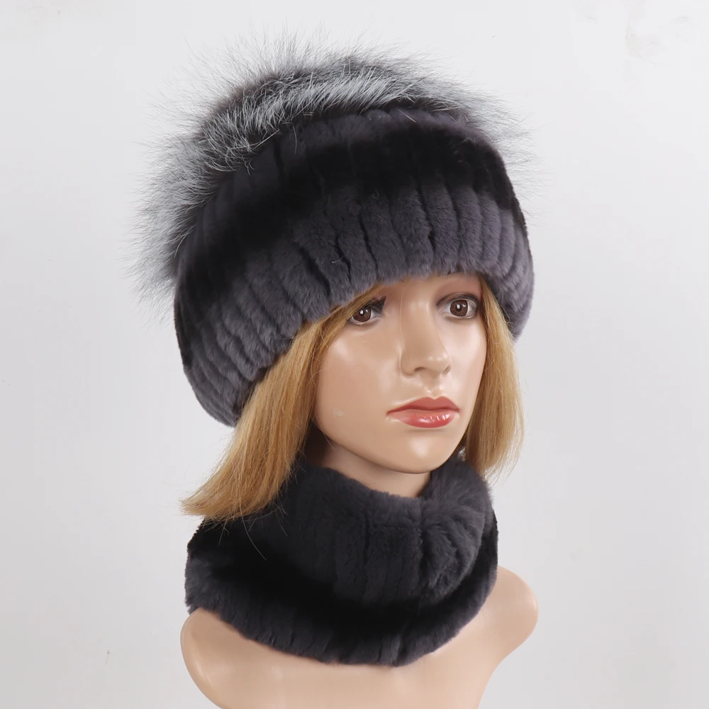 Women's Winter Warm Genuine Fur Hat Scarf Set Real Rex Rabbit Fur Cap with Silver Fox Scarves 2-Piece Natural Fashion Accessory