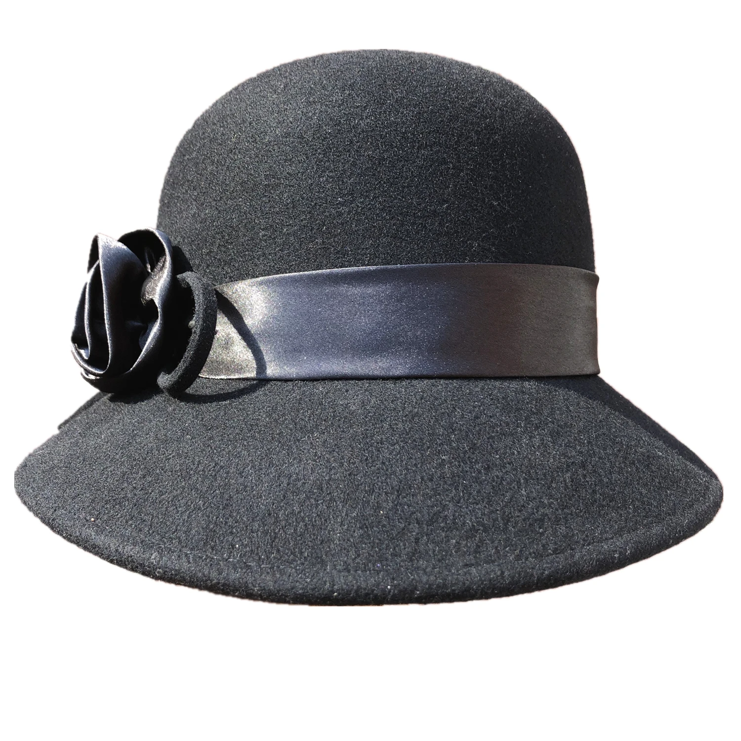 Black Wool Felt Cloche Bucket bell-shaped Hat for Women Flower Knot