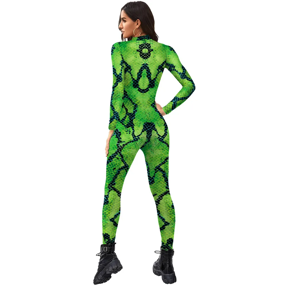 FCCEXIO Green Snake Sexy Printed Women Jumpsuit Carnival Fancy Party Cosplay Costume Bodysuit Adults Fitness Onesie Outfits