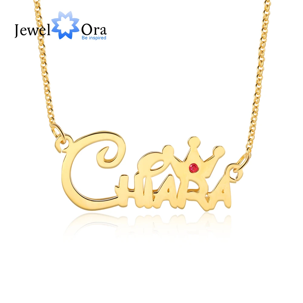 JewelOra 925 Sterling Silver Personalized Crown Princess Necklace with Birthstone Custom Nameplate Necklace Valentines Day Gift