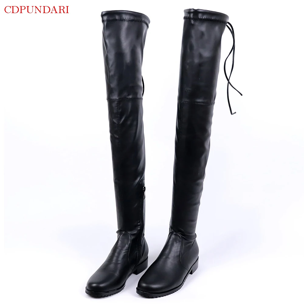 Black Low Heels Over The Knee Boots Women Thigh High Boots Ladies Round Toe Spring AutumnLong Boots Botas Invierno Mujer