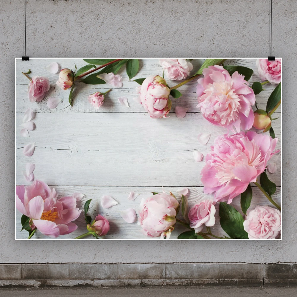 อีสเตอร์ฤดูใบไม้ผลิดอกไม้สีชมพูสีขาวไม้กระดานทารกแรกเกิดวันเกิดการถ่ายภาพฉากหลังพื้นหลังไวนิลPhotophone Photocall Prop