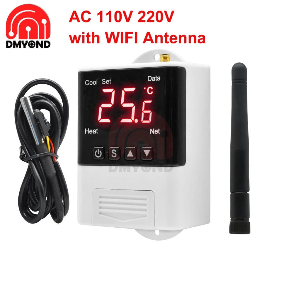 New AC 110V 220V Digital Temperature Controller For Incubator Cooling Heating Switch Thermostat DS18B20 Sensor with WIFI Antenna