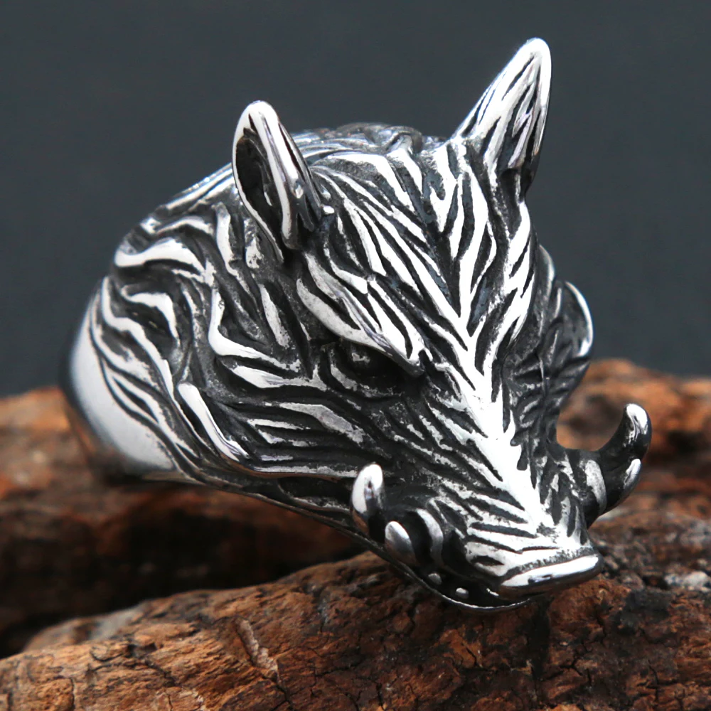 Gothic Stainless Steel Wild Boar Ring Punk Hip Hop Nightclub Wild Boar Animal Biker Ring Men Fashion Jewelry Dropshipping Store