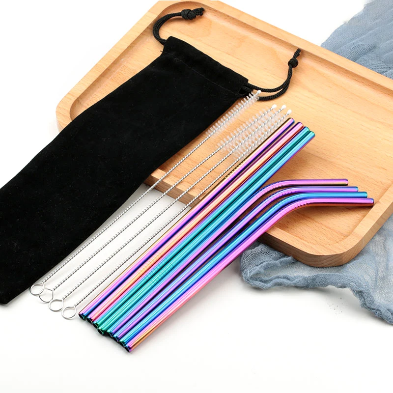 Colorful Reusable Metal Straw High Quality Stainless Steel Straws Set with Cleaner Brush Bar Party Drinking Cocktails Accessory