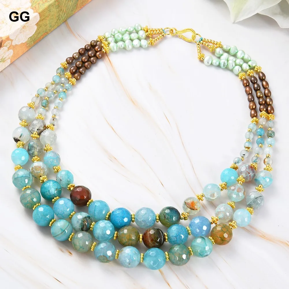 GuaiGuai Jewelry 3 Rows Blue Agate Brown Pearl Necklace 18