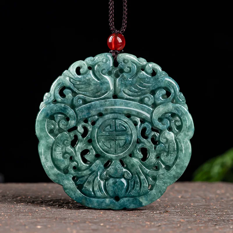 Natural Jadeite Fortune and Longevity Pendant Charm Jewellery Women's Hand-Carved Necklace for Women Men Fashion Accessories