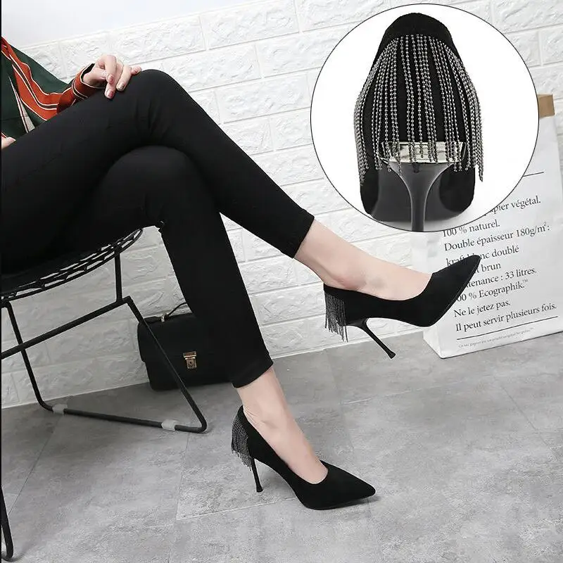 Fashion Single Shoe Woman,High Heels Sexy Chains Tassels, Women Pumps, Pointed toes ,Slip-On ,Female Black OFFICE Shoes,BLACK