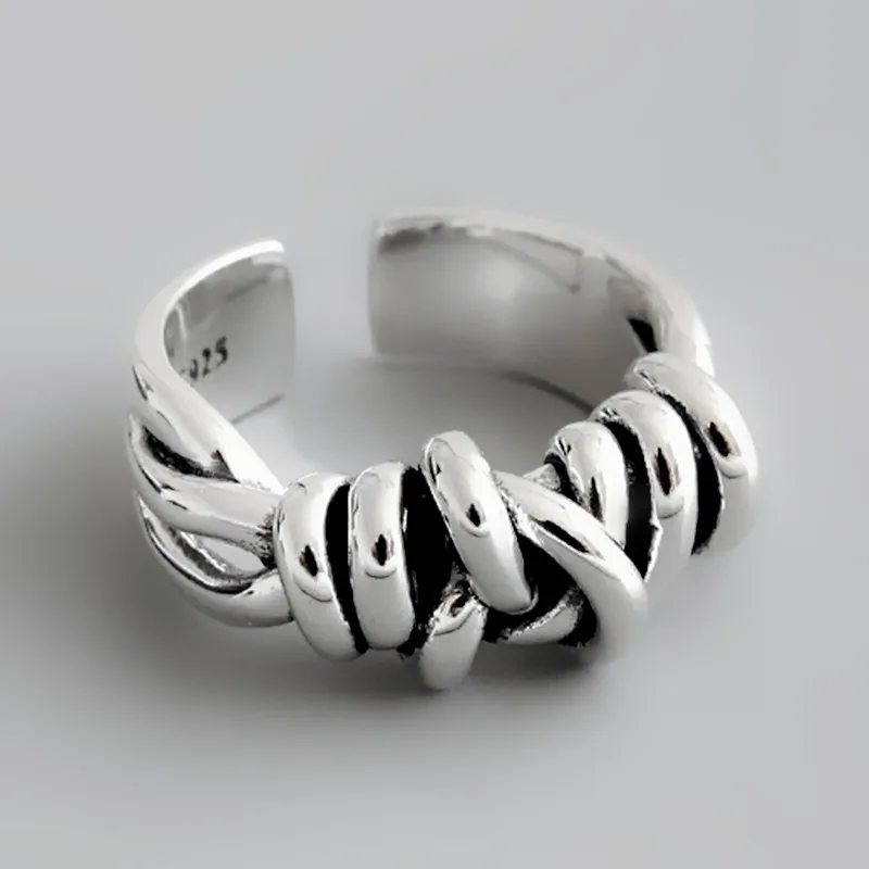Foxanry Silver Color Vintage Woven Winding Rings for Women Line Knotted Opening Thai Silver Finger Ring Jewelry Creative