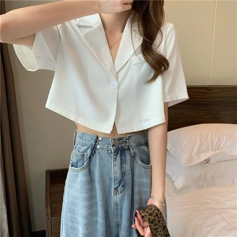 Shirts Women Chic Elegant Solid Office Ladies Summer Cropped Slim Popular Single Button Mujer Blusas Simple All-match Streetwear