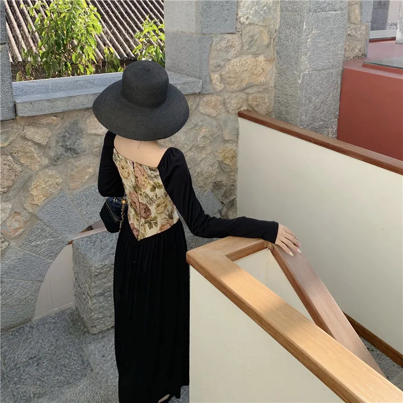 Embroidered Floral Printed Jacquard Long Sleeve Patchwork Long Dress Women 2021 Vintage Elegant Slim Party Evening Full Dress