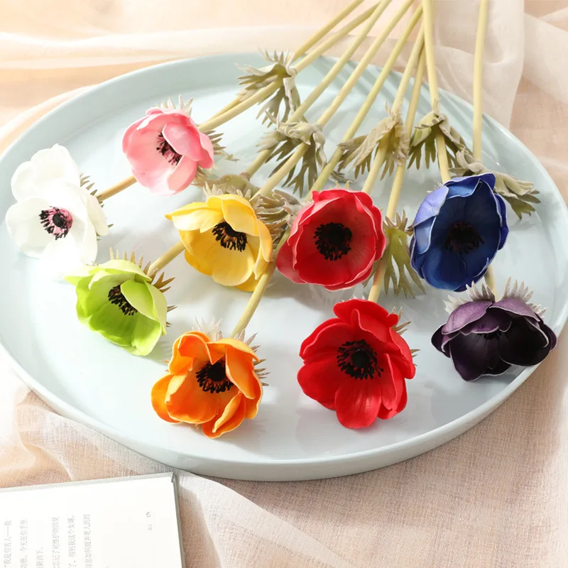 6PCS Artificial Anemones Flowers Real Touch Poppy Branches for Wedding Home Decoration Fake Flower Fall Decorations